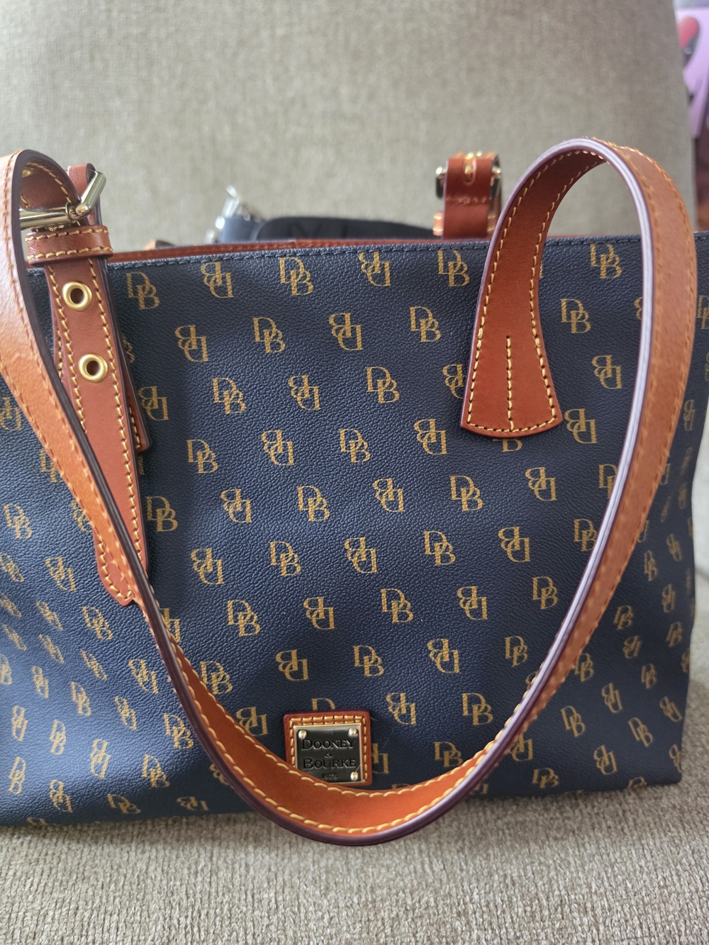 Dooney & Bourke Navy and Tan Logo Shoulder Bag